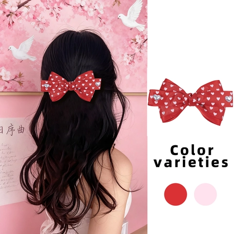 Sweet Grosgrain Ribbon Bow Hair Clip For Women Girls Heart Print Large Hairpin With Metal Heart Decor Valentine Accessory