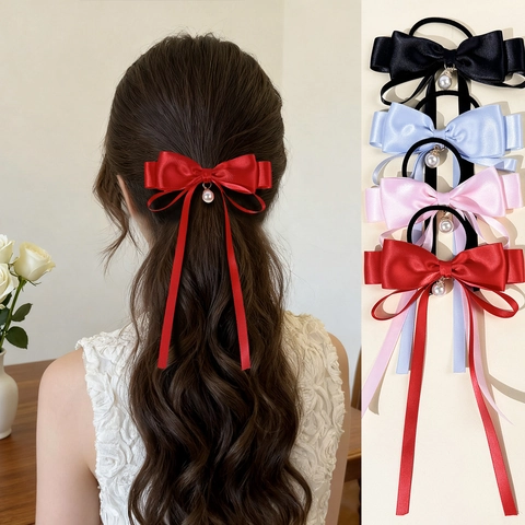 Balletcore Satin Schleife Haargummi Mit Lange Streamer Künstliche Perlenanhänger Süßes Band Elastisches Haarseil Für Damen Mädchen