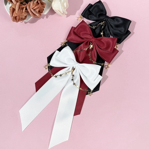 Pinza para el Cabello de Satén con Lazo y Cadena de Estrellas Borla de Cinta Larga Horquilla Vintage para Mujer Fiesta