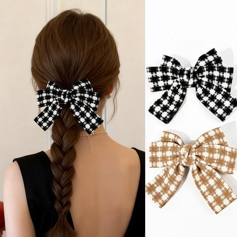 Vintage Hahnentritt Schleife Haarclip Für Damen Retro Stoff Große Schleife Entenschnabel-Clip Elegantes Tägliches Kopfschmuck