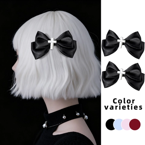 Gothic Satinband Schleifen Haarclips Mit Metallkreuz Akzent Subkultur Lolita Haarschmuck Handgefertigter Entenschnabel Clip Für Mädchen