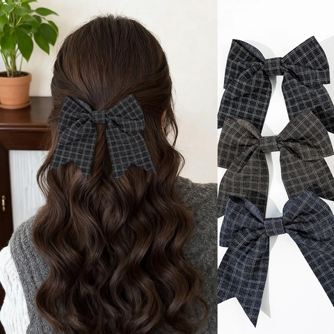 Pince à Cheveux Femme Style British Rétro à Carreaux Nœud Papillon Clip Bec de Canard Accessoires Cheveux Élégants