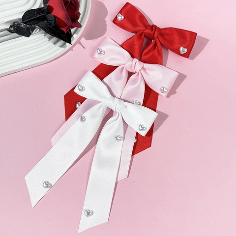 Fermaglio per Capelli Fiocco in Raso di San Valentino Donna Dolce Cuore Perla Artificial Nastro Rosso Bianco Rosa Fatto a Mano