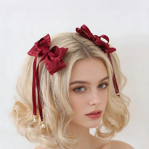 Pinzas para el Pelo con Lazo de Satén Lolita con Cinta Larga y Colgante de Perla Artificial Vintage Horquillas Hechas a Mano para Mujer