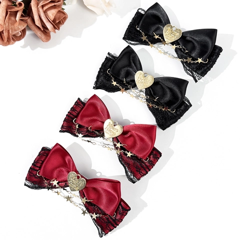 Lolita Schleife Haarspange Mit Spitzenbesatz Sternenkette Herzanhänger Satinband Gothic Süßer Haarschmuck Für Damen