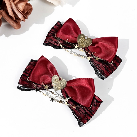 Lolita Schleife Haarspange Mit Spitzenbesatz Sternenkette Herzanhänger Satinband Gothic Süßer Haarschmuck Für Damen