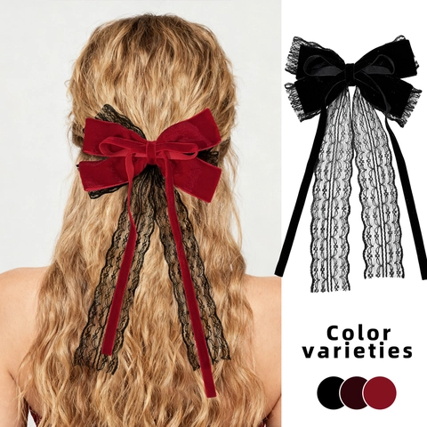 Gothic Samt Spitze Bogen Haarclip Lange Bänder Entenschnabel Clip Vintage Kopfschmuck Damen Haarschmuck Für Party Alltag