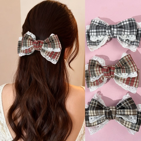 Vintage Plaid Schleife Haarclip Mit Spitzenbesatz Süße Schleife Barrette Retro Kariertes Haar-Accessoire Für Damen Mädchen Alltag