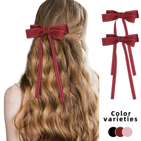 Preppy Style Bow Knot Hair Clip With Long Streamers Handmade Ribbon Hairpin Elegant Stitched Edge Hair Accessories For Women