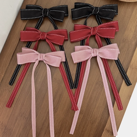 Preppy Style Bow Knot Hair Clip With Long Streamers Handmade Ribbon Hairpin Elegant Stitched Edge Hair Accessories For Women