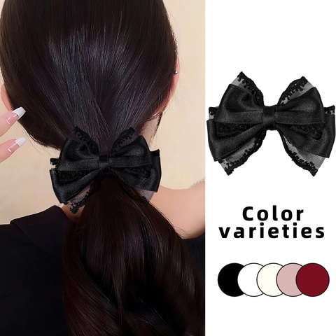 Vintage Lace Bow Hair Clip For Women Elegant Satin Ribbon Double Layer Bowknot Duckbill Clip Lolita Hair Accessories