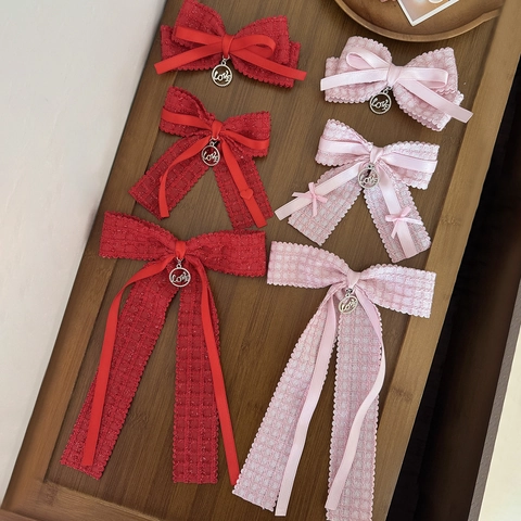 Dolce Fermaglio per Capelli con Fiocco in Nastro per Donna Elegante Farfalla in Pizzo Plaid con Ciondolo Love in Metallo Accessorio Capelli Stile Francese
