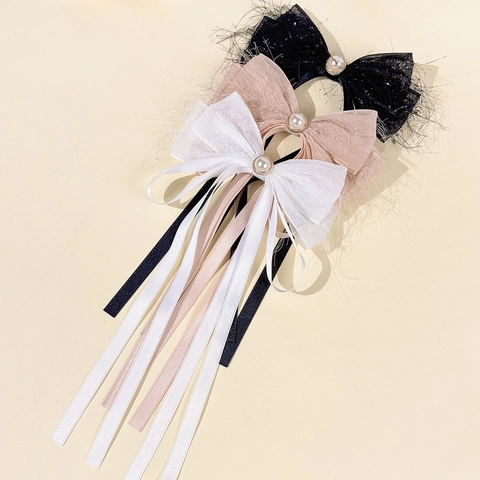 Elegante Fermaglio per Capelli con Fiocco in Fettuccia Con Nastri Lunghi e Perla Artificiale Rete Nappa Fermaglio a Becco d'Anatra per Donna Quotidiano Matrimonio Festa Accessori per Capelli