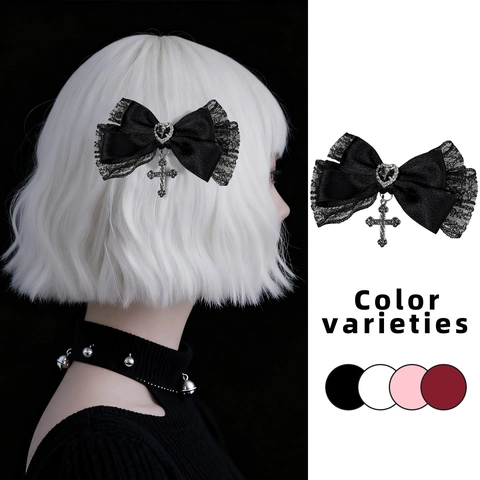 Gothic Lolita Lace Bow Hair Clip With Heart Gem And Metal Cross Pendant Punk Dark Sweet Cool Style Hair Accessories For Women