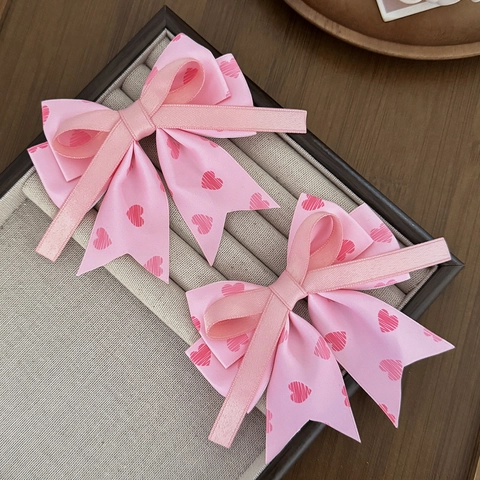 Dulce Princesa Rosa Cinta Lazo Pinzas para Cabello Hecho a Mano Estampado Corazón Pico Pato para Niñas Día de San Valentín