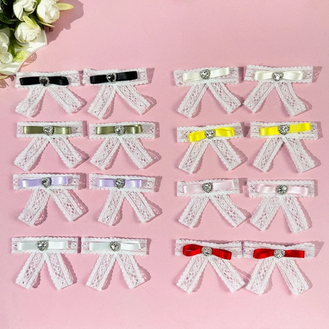 Sweet Lace Bowknot Hair Clip With Heart Rhinestone Handmade Duckbill Clip Ribbon Bow Hair Accessory For Women Teen Girls