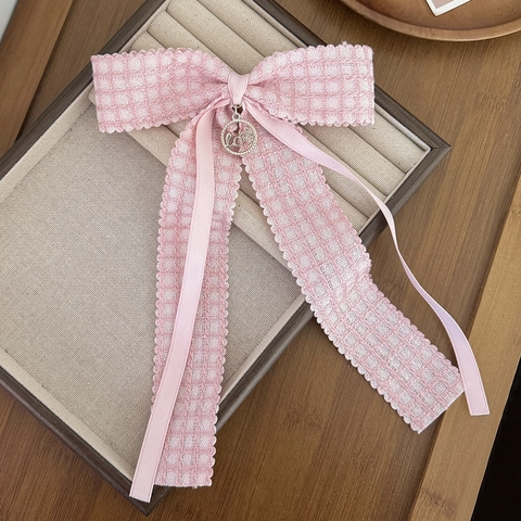 Dolce Fermaglio per Capelli con Fiocco in Nastro per Donna Elegante Farfalla in Pizzo Plaid con Ciondolo Love in Metallo Accessorio Capelli Stile Francese