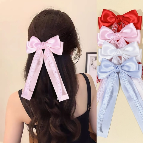 French Style Large Satin Bow Hair Clip With Lace Trim Long Ribbon Hairpin Elegant Sweet Atmosphere Hair Accessories For Women