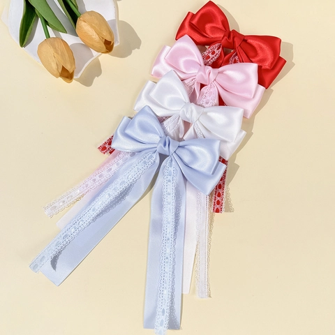 French Style Large Satin Bow Hair Clip With Lace Trim Long Ribbon Hairpin Elegant Sweet Atmosphere Hair Accessories For Women