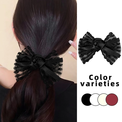 Pince à Cheveux Nœud en Dentelle Élégante avec Rose en Satin Fait Main Accessoire de Cheveux Vintage Douce pour Femme