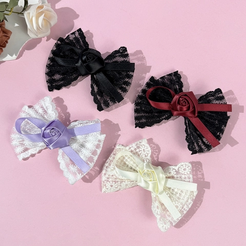 Pince à Cheveux Nœud en Dentelle Élégante avec Rose en Satin Fait Main Accessoire de Cheveux Vintage Douce pour Femme