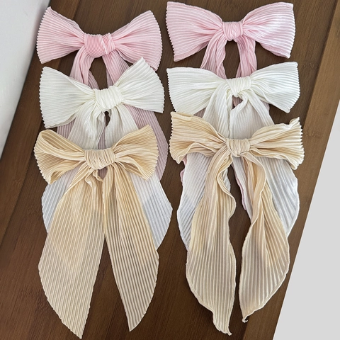 Französisch Plissiert Schleife Haarclip Mit Langem Band Satin Schleife Haarnadeln Für Damen Elegant Süß Haarschmuck