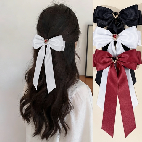 Pinza de Pelo Francesa Elegante de Lazo de Cinta de Satén Con Corazón de Strass Cinta Larga Para Mujeres Dulce Pinza de Cocodrilo