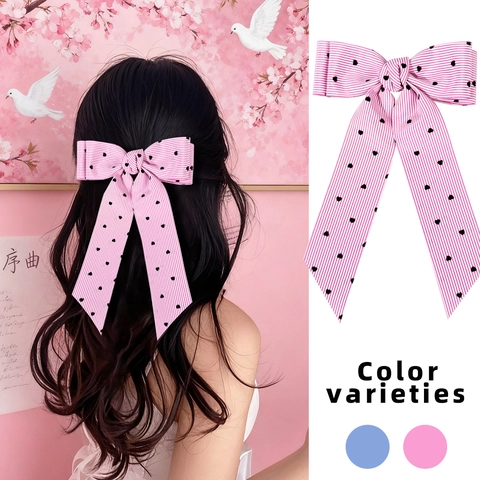 Pinza para el Pelo con Lazo de Cinta Dulce Estampado de Corazón y Rayas Horquilla con Cinta Larga Accesorios para el Pelo para Mujer