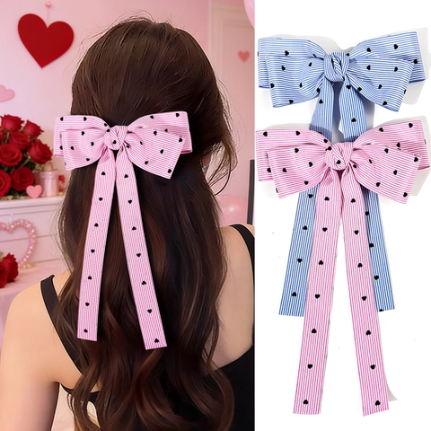 Pinza Para El Pelo Con Lazo De Corazón A Rayas Estilo Coreano Elegante Con Cinta Larga Hecho A Mano Barrettes De Tela Para Mujer