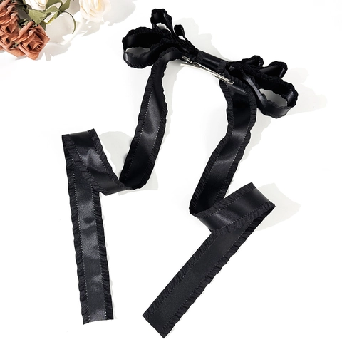 Pinza para el Cabello con Lazo de Cinta Larga Vintage Francés para Mujer Horquilla de Satén con Borde Plisado Elegante Accesorio para el Cabello