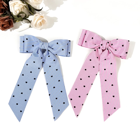 Pinza para el Pelo con Lazo de Cinta Dulce Estampado de Corazón y Rayas Horquilla con Cinta Larga Accesorios para el Pelo para Mujer