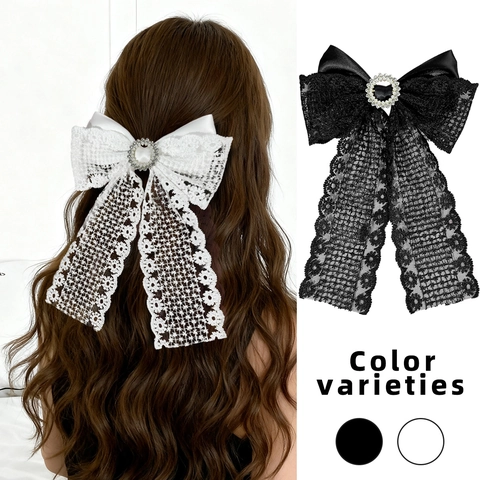 Elegante Pinza para el Cabello con Lazo de Encaje y Cinta Larga Centro de Strass Pinza de Pico de Pato Mujer Accesorios Cabello