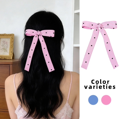 Pinza para el Pelo con Lazo de Cinta Estilo Ballet Dulce para Mujer Patrón de Corazón a Rayas Cintas Largas Vintage