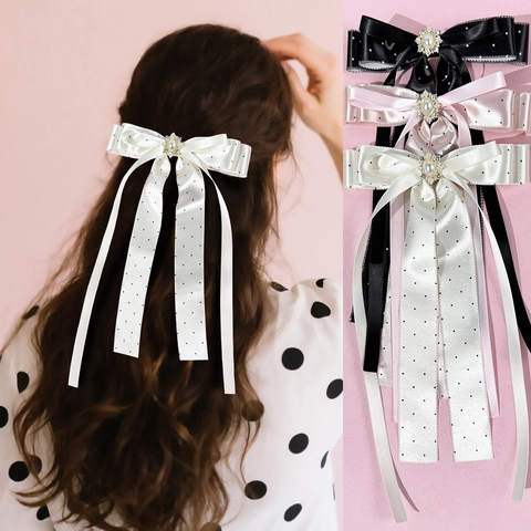 Fermaglio per Capelli Francese Vintage a Pois Con Fiocco e Nastri Lunghi Decorazioni in Künstliche Perle e Strass Elegante Dolce Nastro di Raso