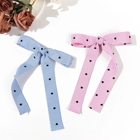 Pinza para el Pelo con Lazo de Cinta Estilo Ballet Dulce para Mujer Patrón de Corazón a Rayas Cintas Largas Vintage