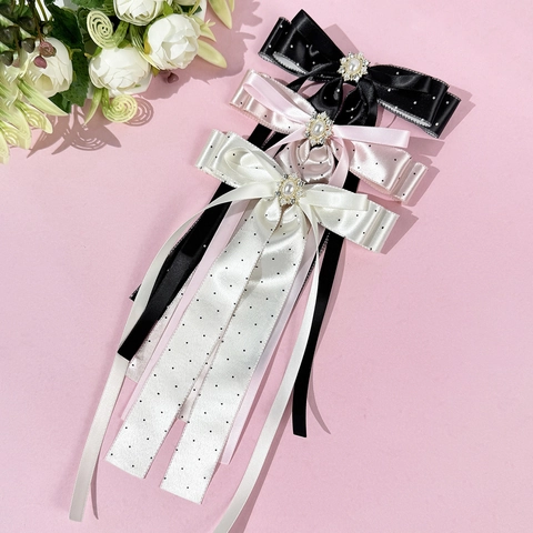 Fermaglio per Capelli Francese Vintage a Pois Con Fiocco e Nastri Lunghi Decorazioni in Künstliche Perle e Strass Elegante Dolce Nastro di Raso