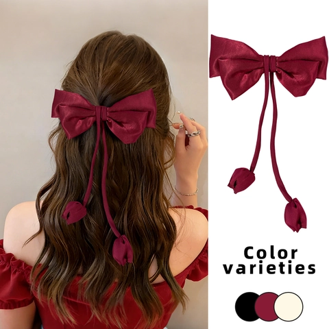 Elegante Pinza para el Cabello de Lazo de Satén con Cintas Largas Colgante de Tulipán Vintage Francés Accesorio para el Cabello Mujer