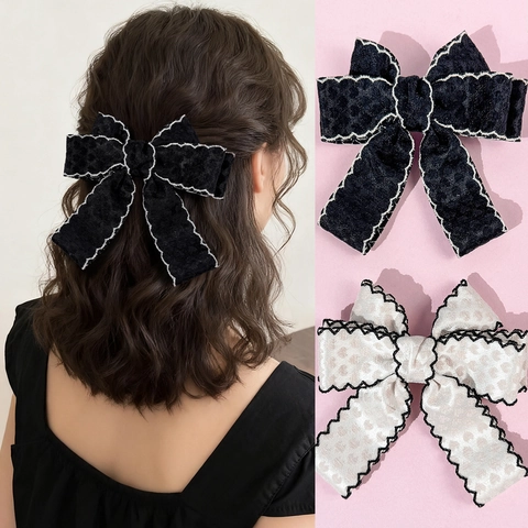 Pinza para el Cabello con Lazo Vintage Francés Cinta Estampado Corazón Borde Ondulado Dulce Elegante Accesorio para Mujer