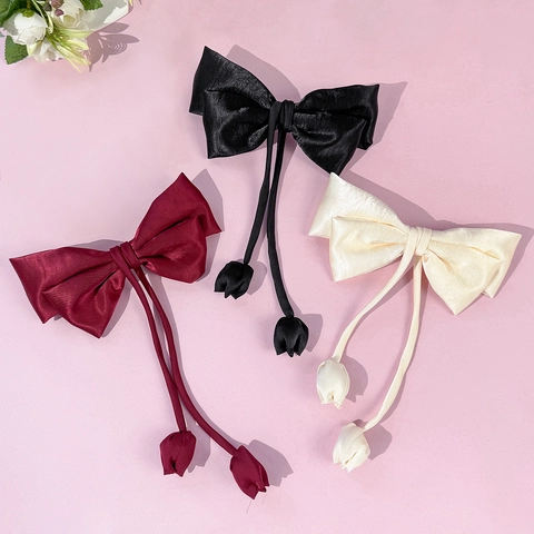 Elegante Pinza para el Cabello de Lazo de Satén con Cintas Largas Colgante de Tulipán Vintage Francés Accesorio para el Cabello Mujer