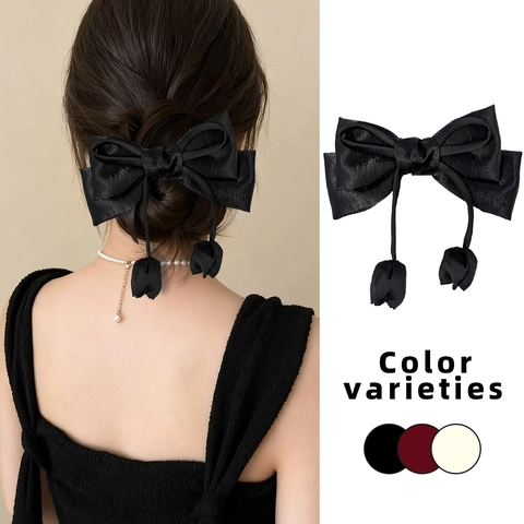 Vintage Satin Bow Hair Clip For Women Elegant Handmade Large Ribbon Bowknot With Tulip Pendant Tassel Hair Accessories