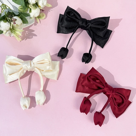 Vintage Satin Bow Hair Clip For Women Elegant Handmade Large Ribbon Bowknot With Tulip Pendant Tassel Hair Accessories