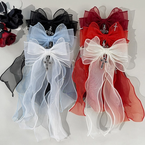 Gothic Lolita Netzgewebe Schleifen-Haarspange Mit Metall Kreuz Anhänger Dark Style Langes Band Haarschmuck