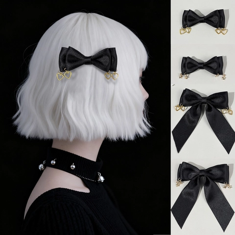 Gothic Zwart Satijn Strik Haarclip Met Gouden Hart Ster Metalen Hanger Handgemaakte Eendenbekclip Vrouwen Sieraden