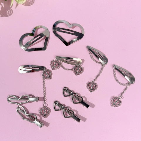 Lot de Barrettes à Cheveux en Métal Argenté en Forme de Cœur pour Femmes Filles Style Doux et Cool Croix Chaîne Accessoires