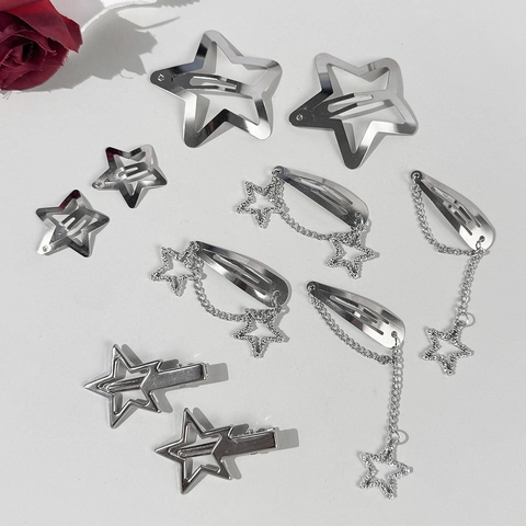Silber Legierung Ausschnitt Stern Haarspangen Set Y2K Cooler Mädchen-Stil Pentagramm Kette Stern Anhänger Haarschmuck Für Damen