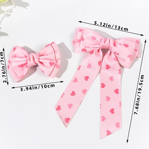 Pince à Cheveux Nœud Doux avec Imprimé Cœur pour Femmes Filles Ruban de Satin Grand Nœud avec Longs Rubans Accessoires