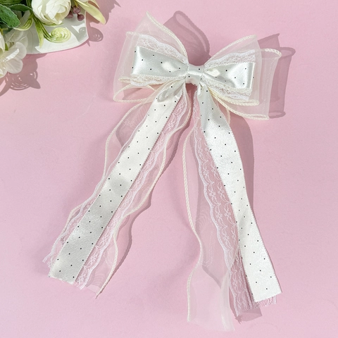 Pinza de Pelo de Lazo de Encaje y Malla Con Cintas Largas Horquilla de Lazo de Lunares Dulce Tocado Elegante de Satén para Mujeres Niñas Accesorios de Fiesta