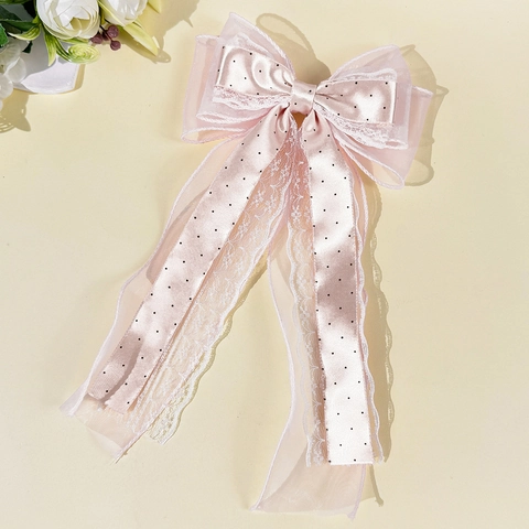 Pinza de Pelo de Lazo de Encaje y Malla Con Cintas Largas Horquilla de Lazo de Lunares Dulce Tocado Elegante de Satén para Mujeres Niñas Accesorios de Fiesta