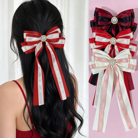 Elegante Dubbellaagse Kleurblok Haarspeld Met Strik Slingers Kantafwerking Kunstparel Retro Zoete Lolita Haaraccessoire Voor Vrouwen