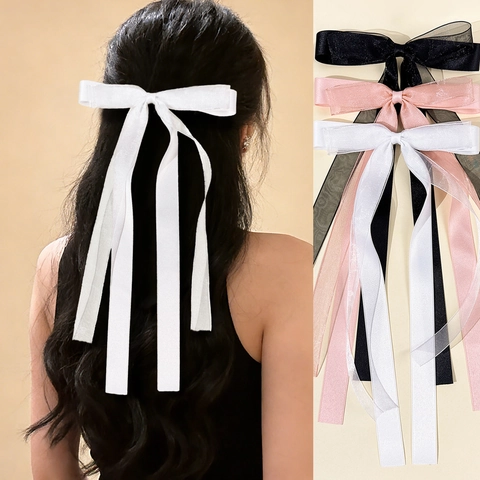 Barrette à Nœud Papillon à Long Ruban Style Ballet pour Femmes Doux Ruban en Maille Fait à la Main Pince Bec de Canard Accessoires Cheveux